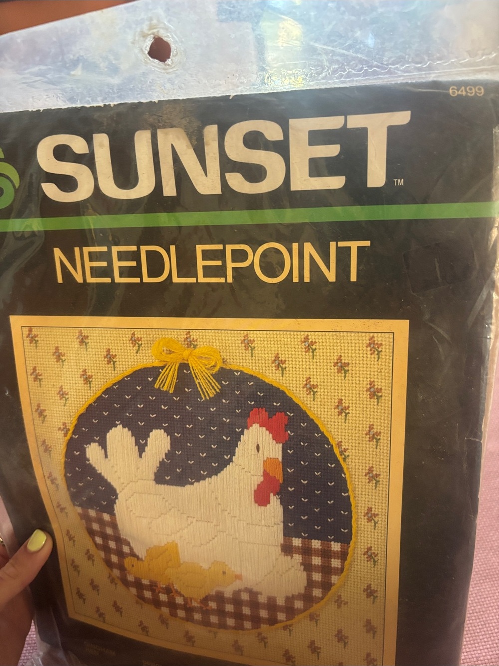 SUNSET Needlepoint Gingham Hen Pillow Kit - Cream, Navy, Yellow - Picture 2 of 5